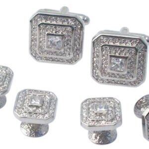 Square Setting /Links & Studs Pave Cubic Zircons with Larger CZ Center Stone